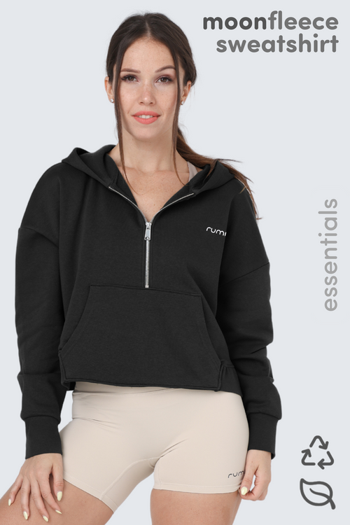 W Moon Cropped Sweatshirt Fleece Hoodie + Zip - Black