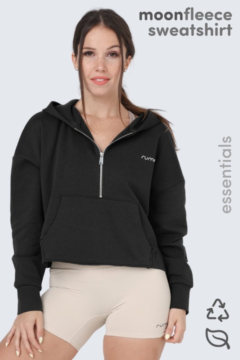 Rumi Earth - W Moon Cropped Sweatshirt Fleece Hoodie + Zip - Black - R113335BKP - Tops